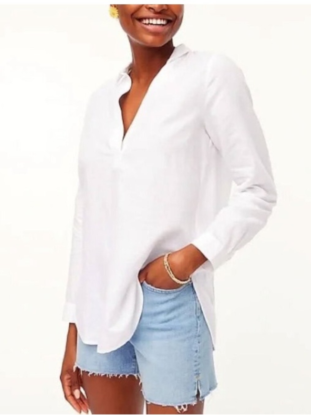 J. Crew Linen Blend Collared Popover Long Sleeve Woven Shirt White XS
